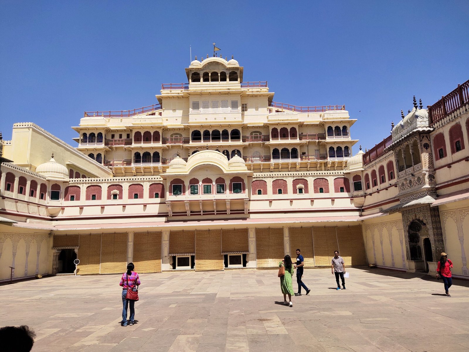 The seven-storeyed Chandra Mahal rising above the courtyard of the City Palace, Jaipur